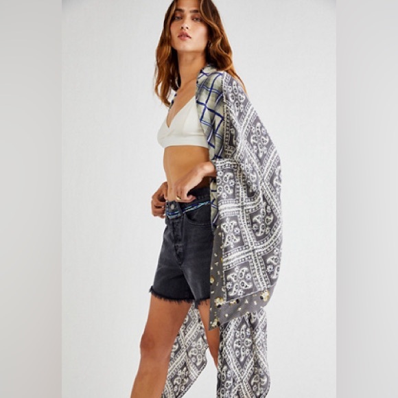FREE PEOPLE American Pie Kimono One Size. Boho Americana Little Bird Mixed Print - Picture 1 of 6